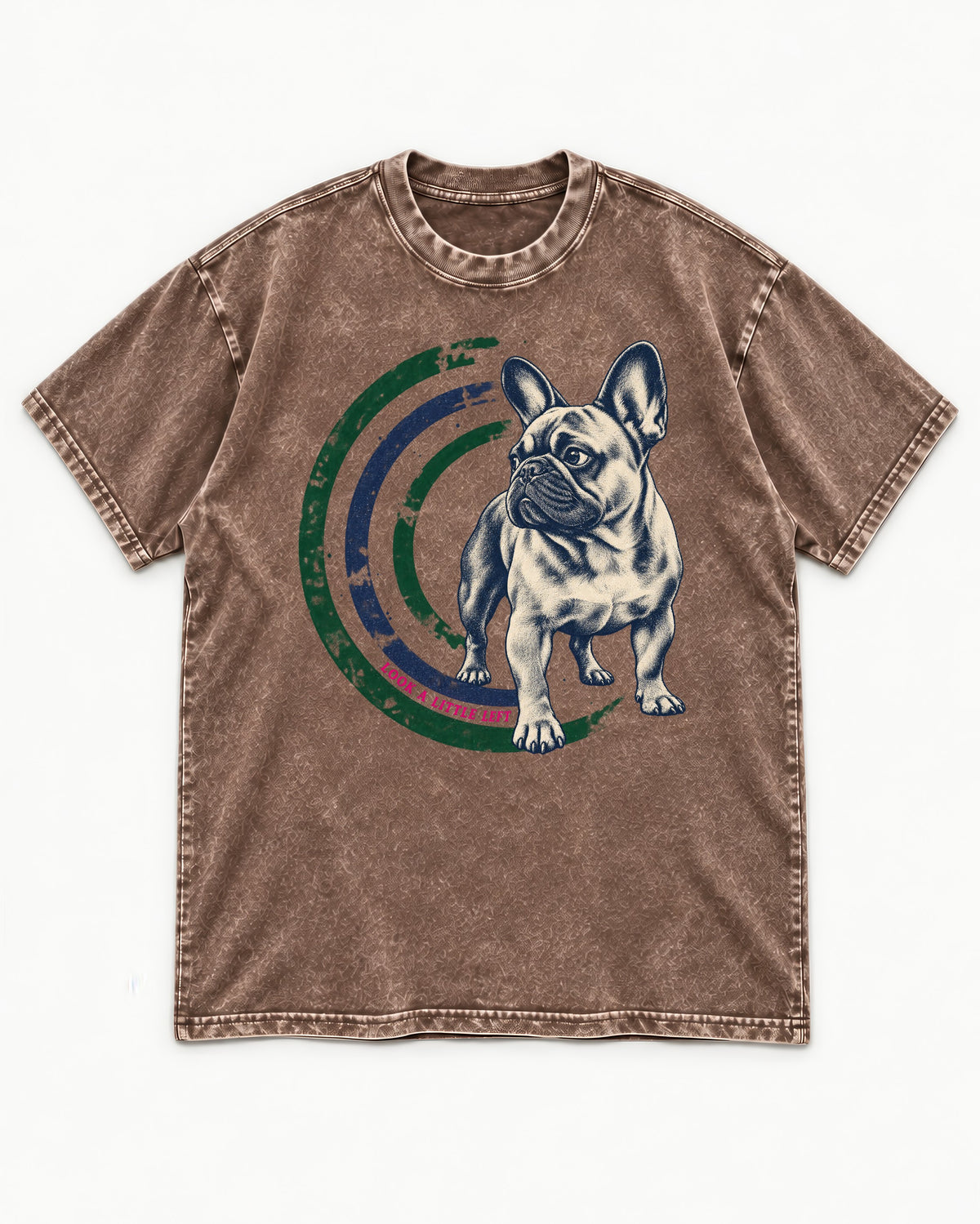 Frenchie Look a Little Left Orbit Graphic Washed Tee in Coffee, flat lay product photo