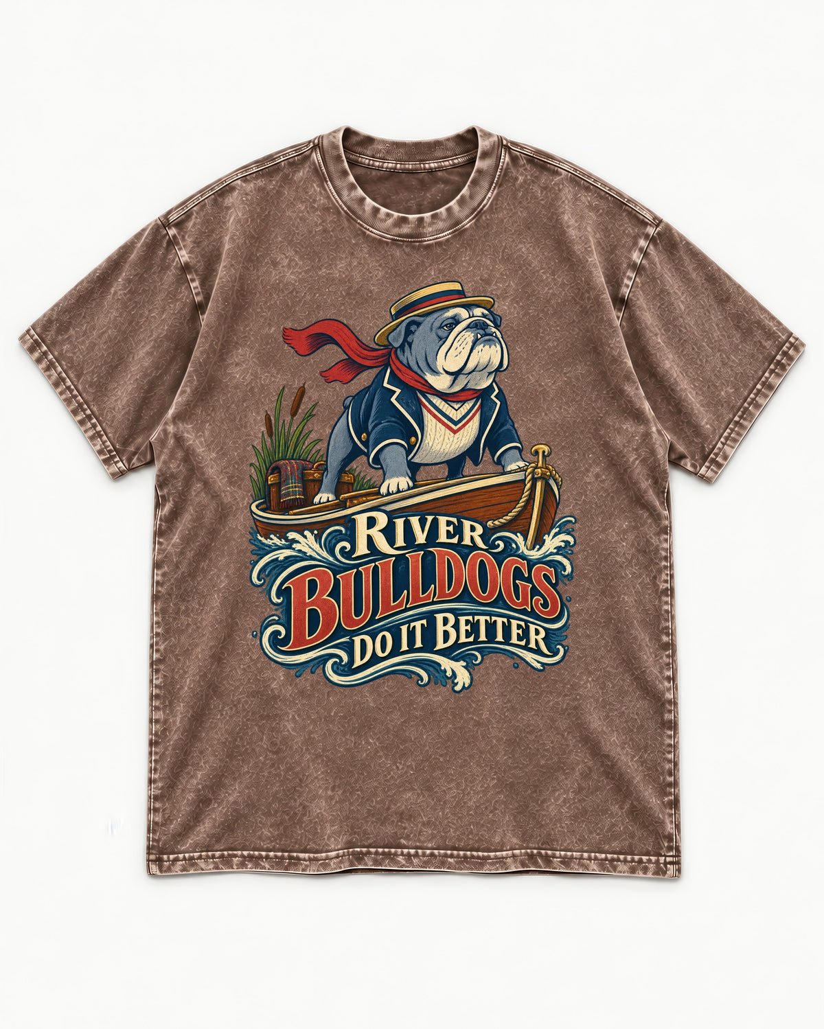 River English Bulldog Does It Better Washed Tee in Coffee, flat lay product photo