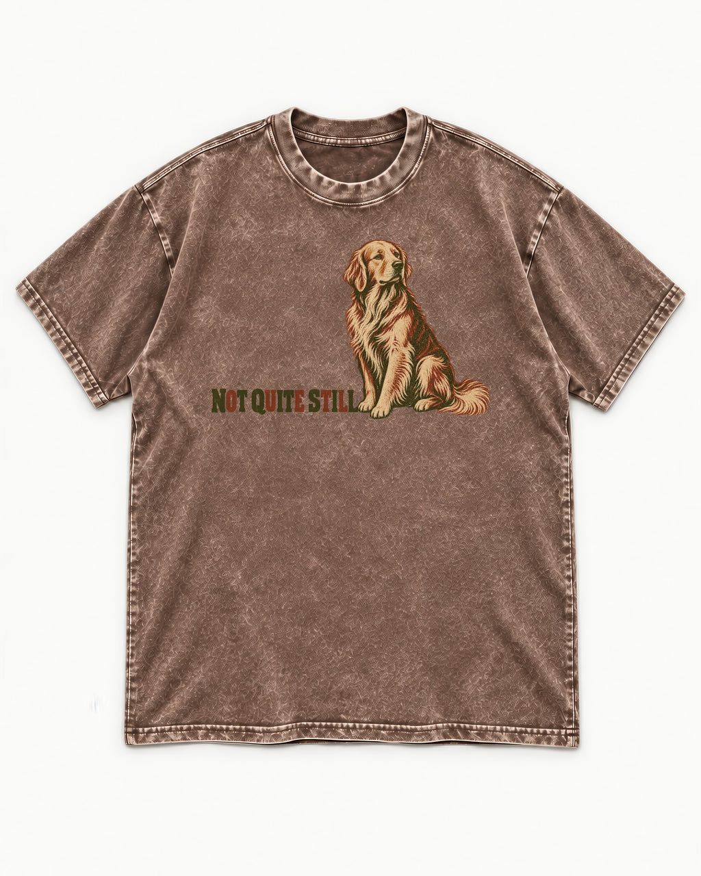 Golden Retriever Not Quite Still Washed Tee in Coffee, flat lay product photo