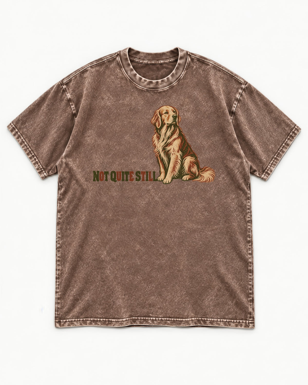 Golden Retriever Not Quite Still Washed Tee in Coffee, flat lay product photo