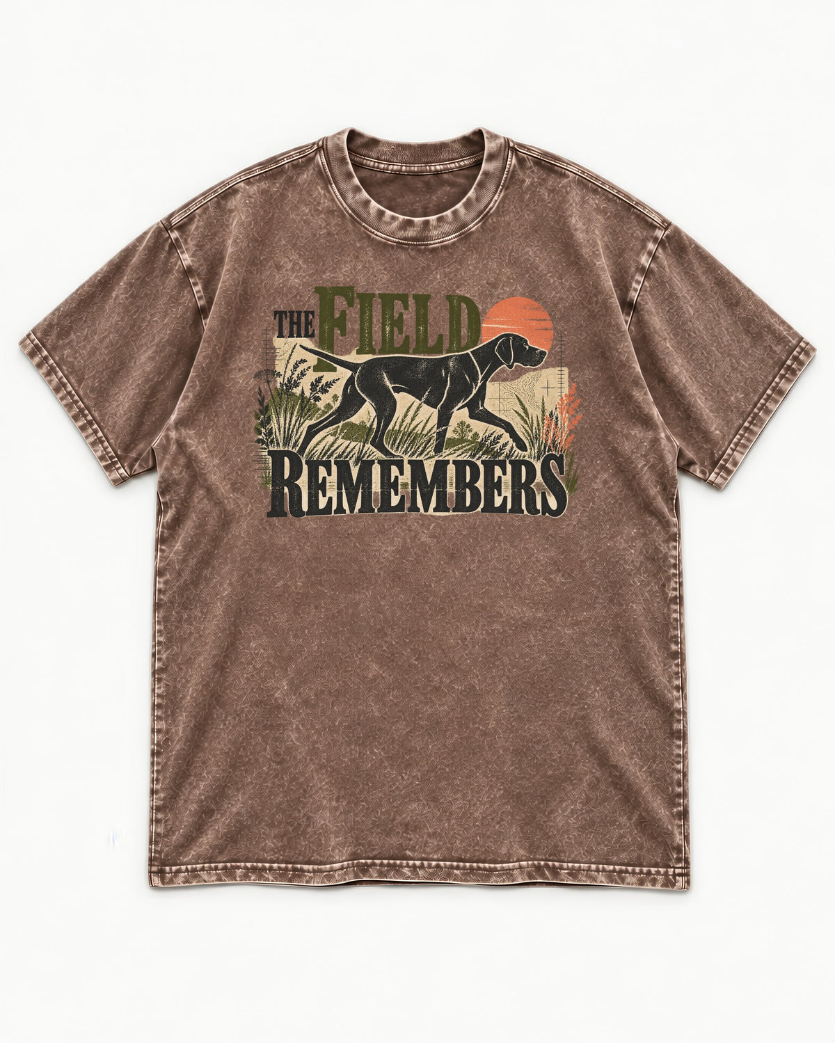 The Field Remembers German Shorthaired Pointer Washed Tee in Coffee, flat lay product photo