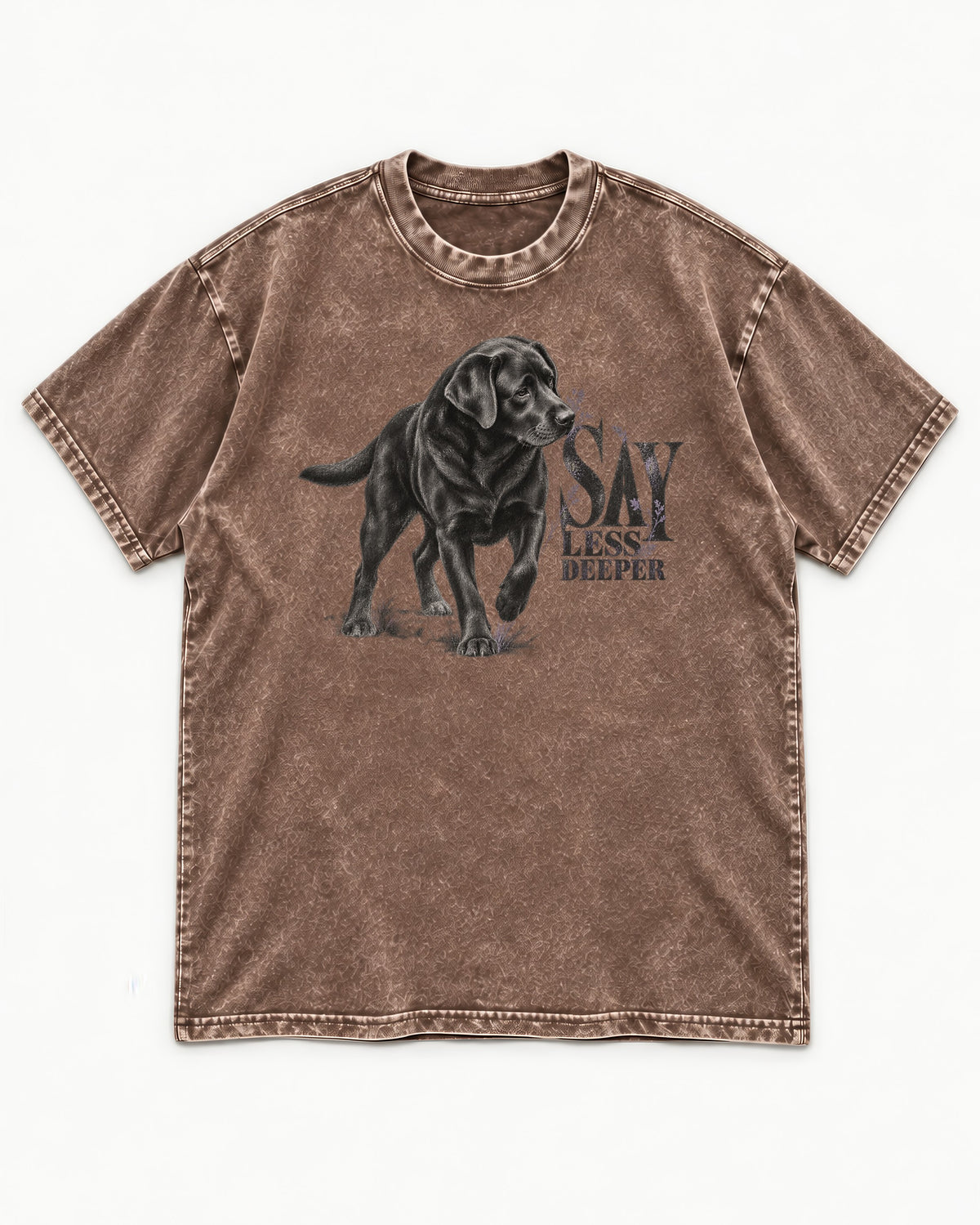 Say Less Deeper Labrador Retriever Washed Tee in Coffee, flat lay product photo