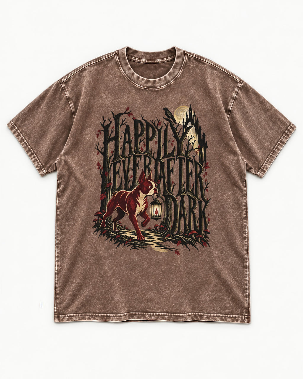 Happily Ever After Dark Boston Terrier Washed Tee in Coffee, flat lay product photo