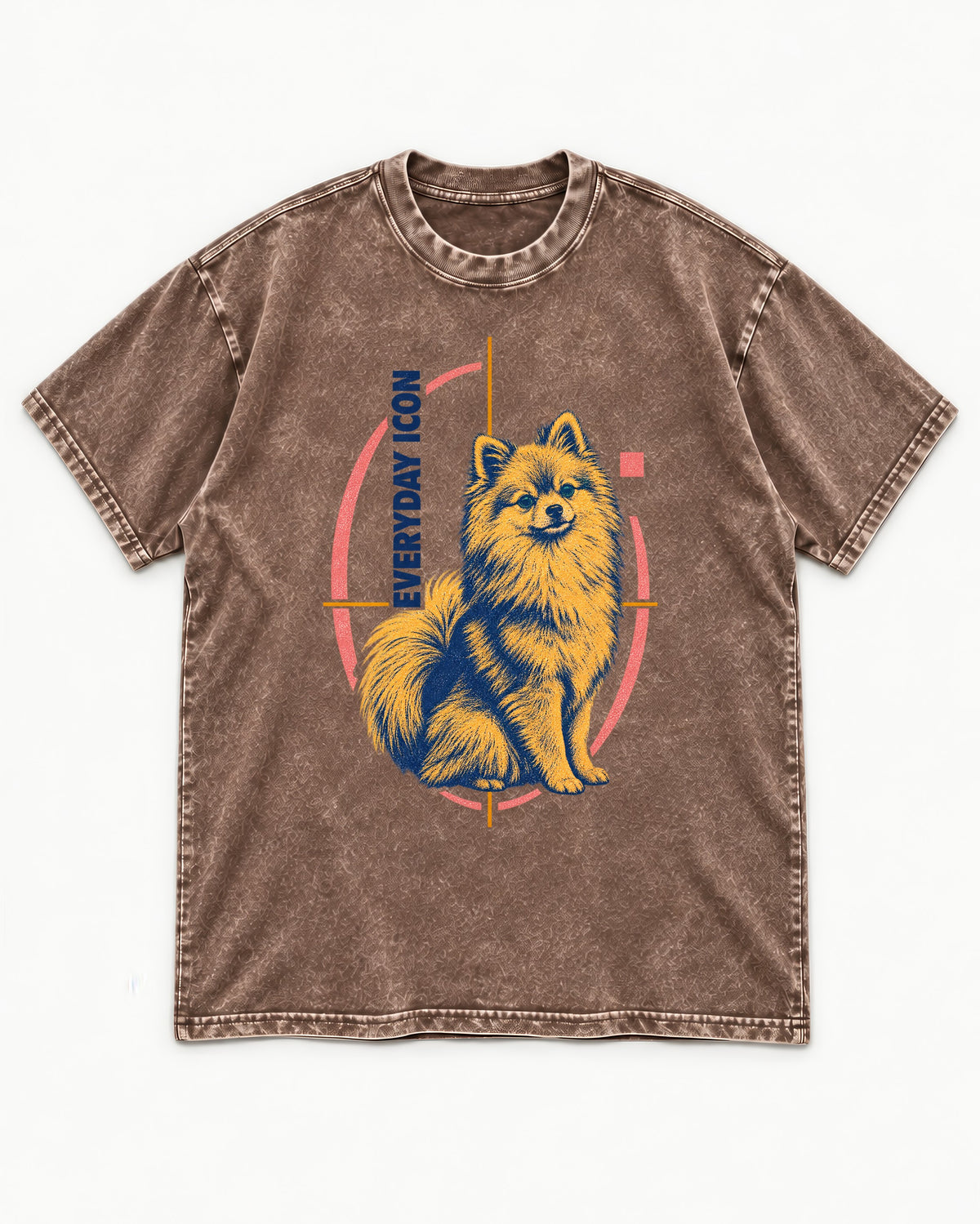 Pomeranian Everyday Icon Washed Tee in Coffee, flat lay product photo