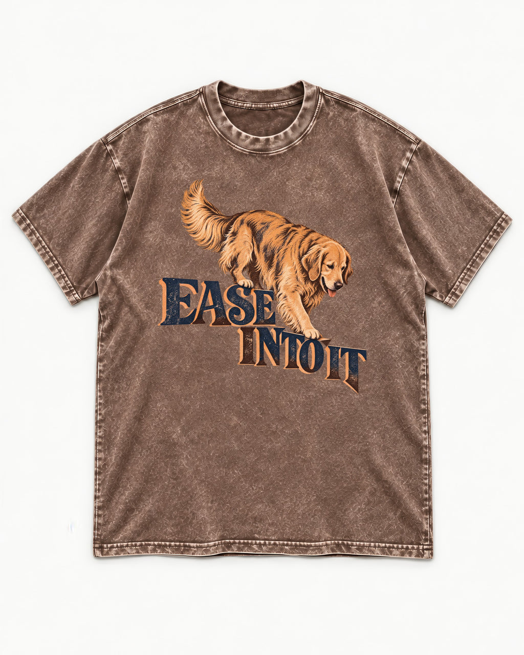 Golden Retriever Ease Into It Washed Tee in Coffee, flat lay product photo