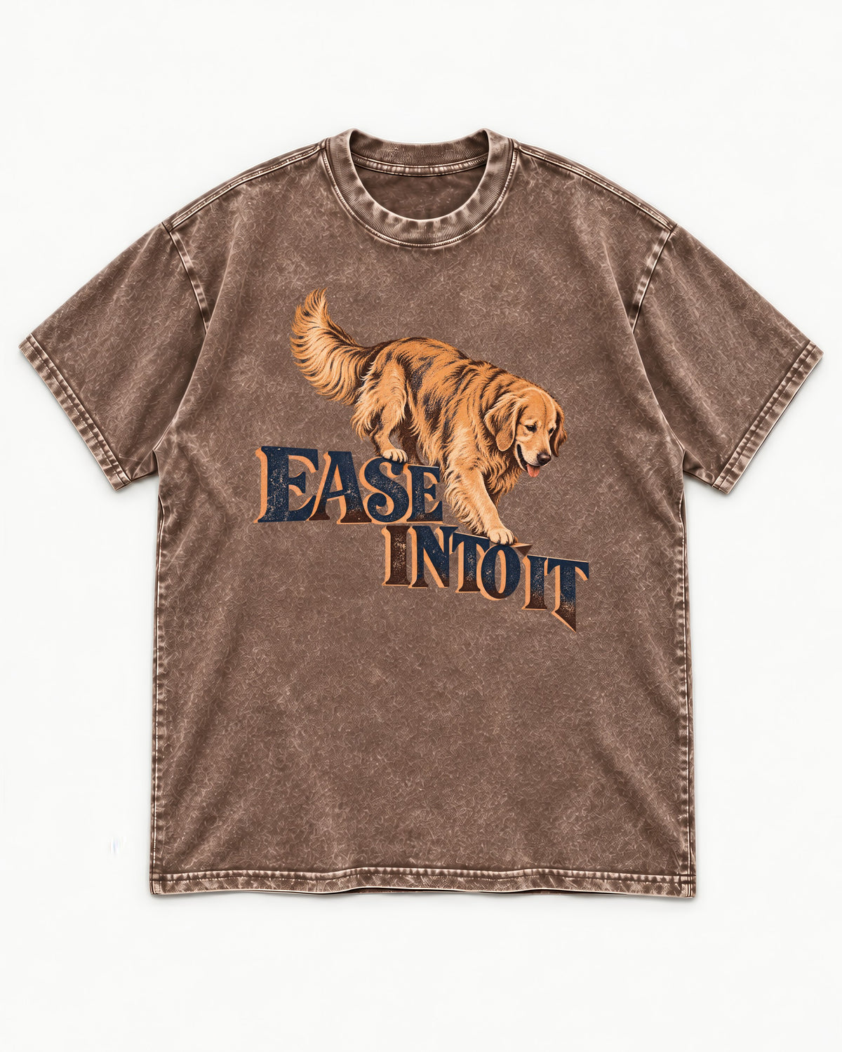 Golden Retriever Ease Into It Washed Tee in Coffee, flat lay product photo