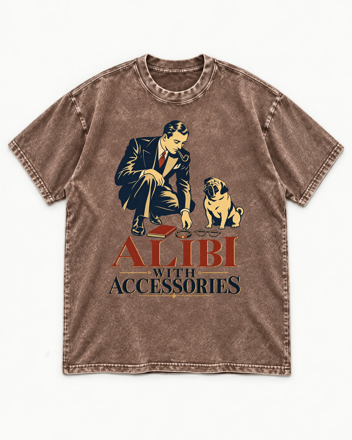 Pug Alibi with Accessories Washed Tee in Coffee, flat lay product photo
