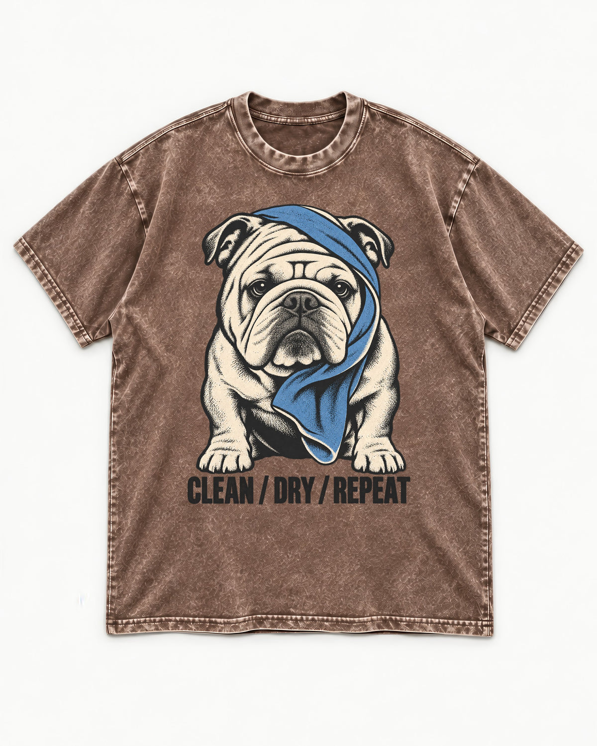 Clean Dry Repeat English Bulldog Washed Tee in Coffee, flat lay product photo