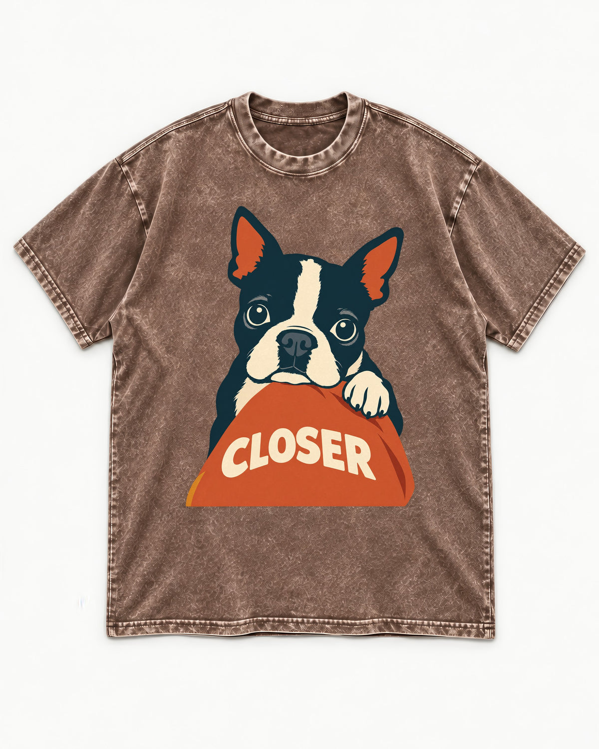 Come Closer Boston Terrier Washed Tee in Coffee, flat lay product photo