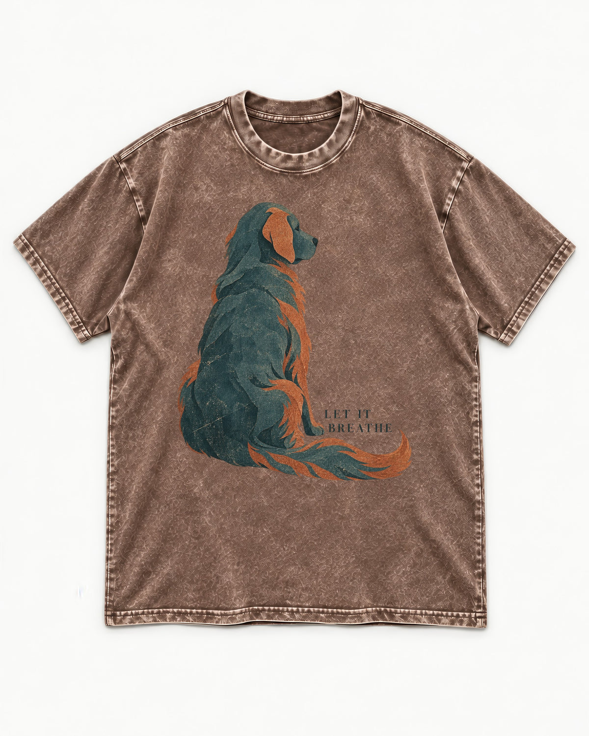 Let It Breathe Golden Retriever Washed Tee in Coffee, flat lay product photo