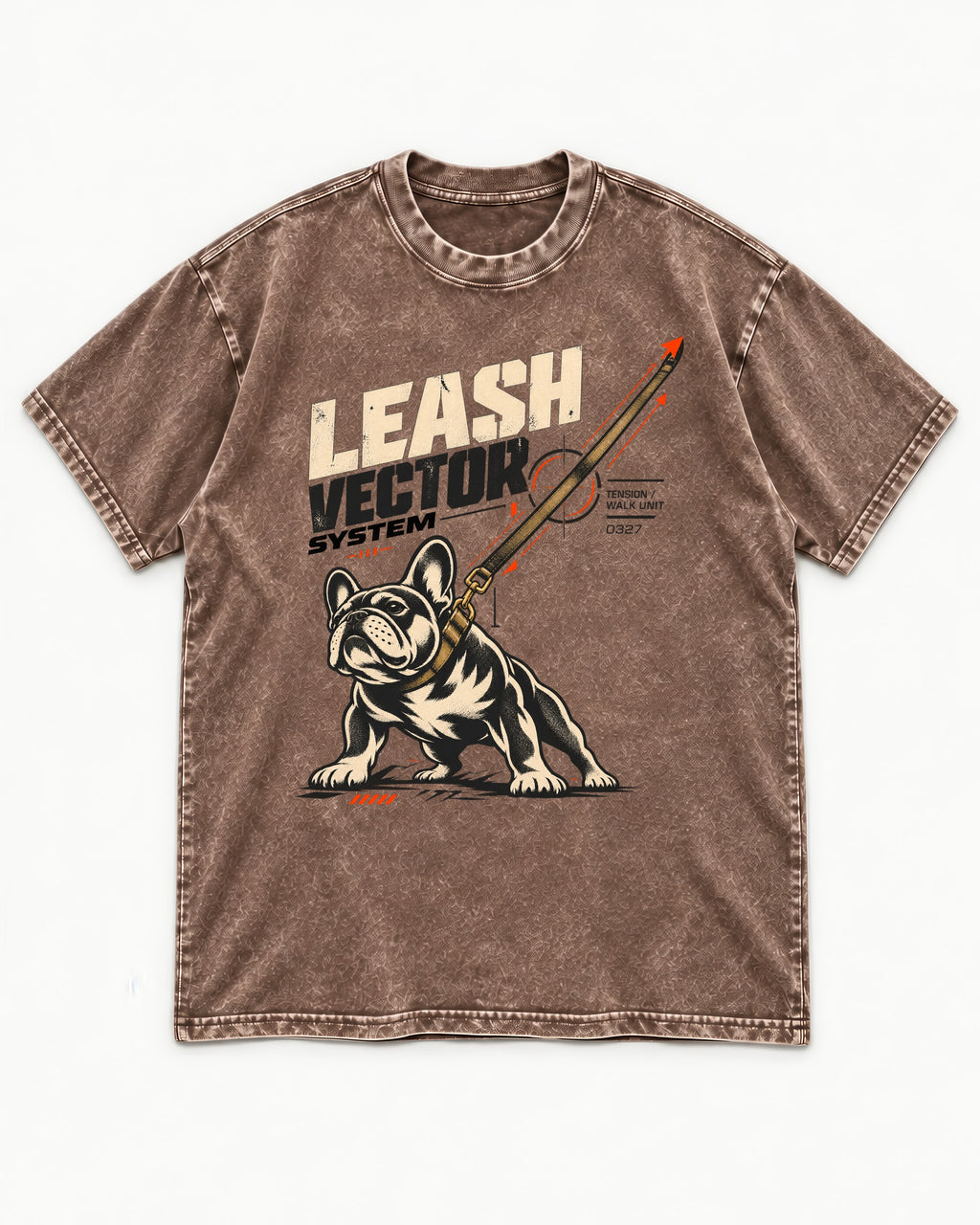 Frenchie Leash Vector Washed Tee in Coffee, flat lay product photo