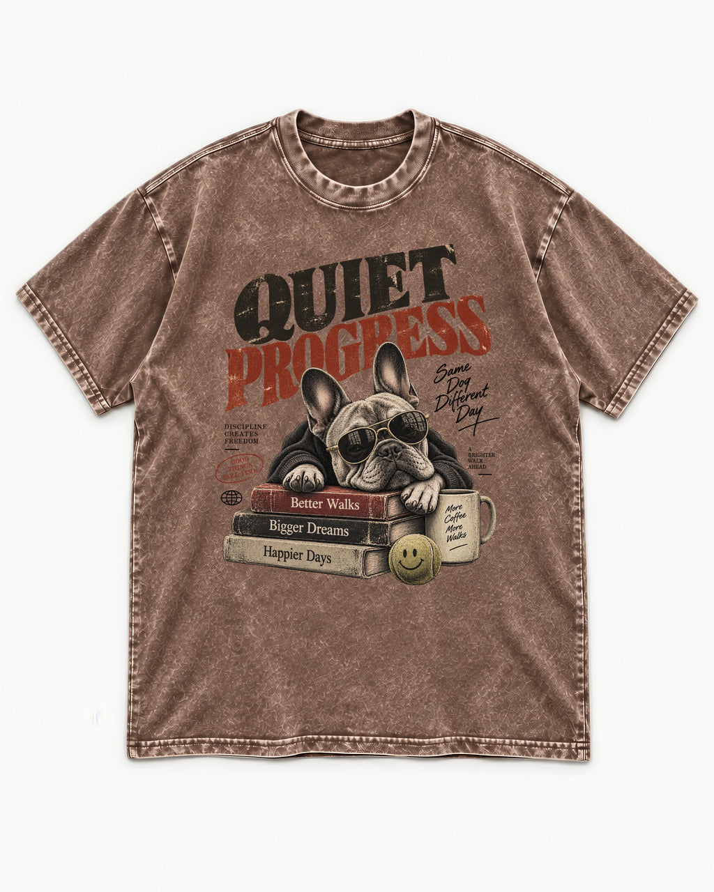 Quiet Progress Frenchie Washed Tee in Coffee, flat lay product photo