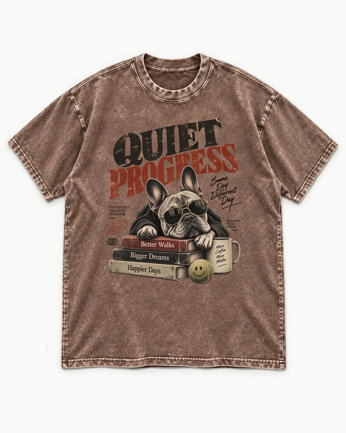Quiet Progress Frenchie Washed Tee in Coffee, flat lay product photo