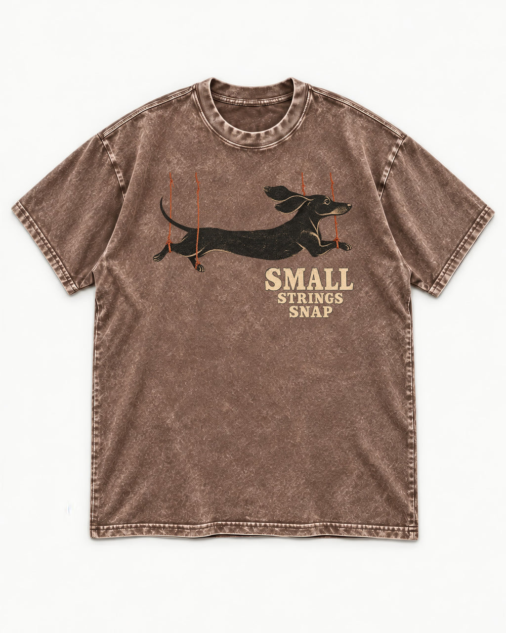 Dachshund Small Strings Snap Marionette Graphic Washed Tee in Coffee, flat lay product photo