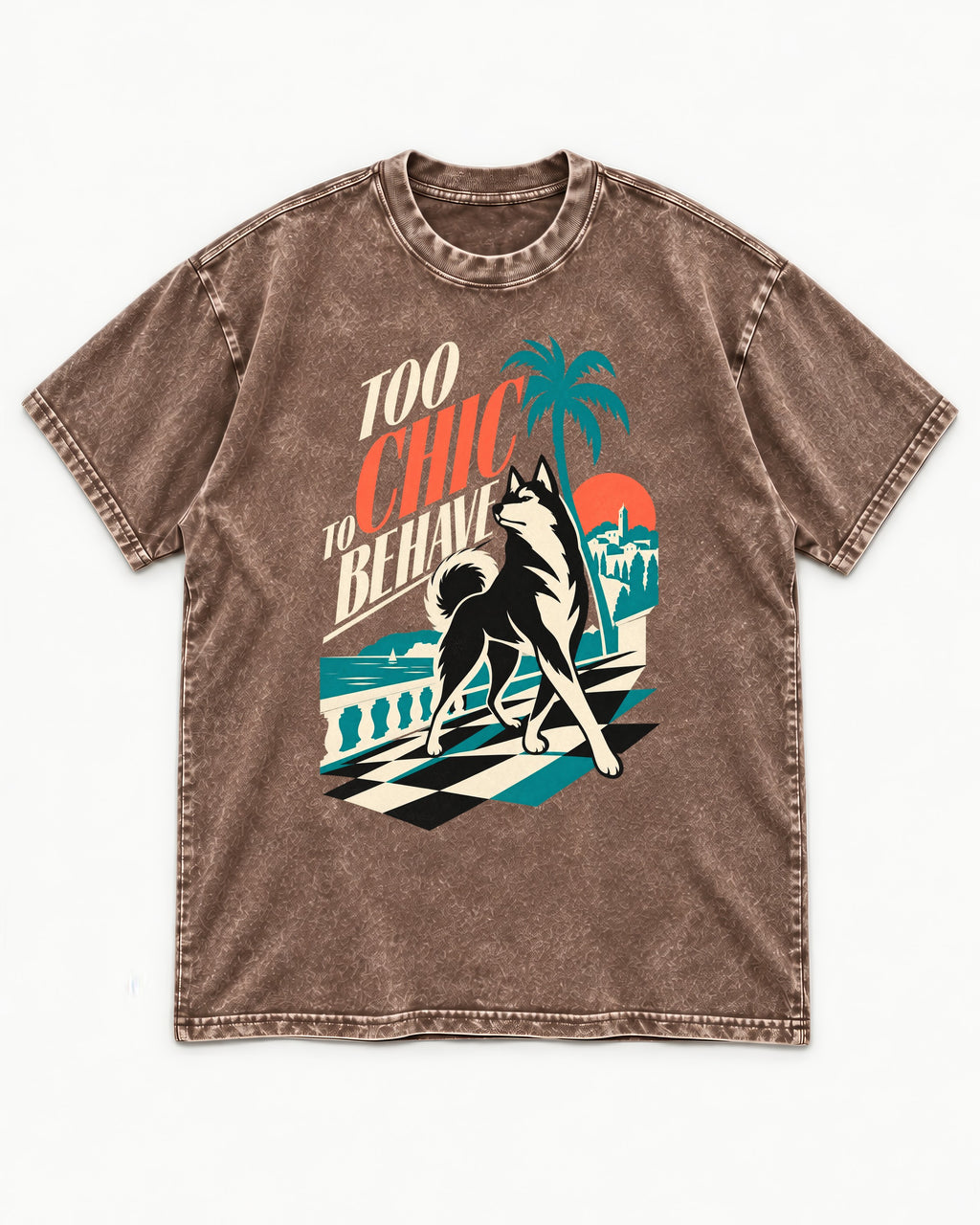 Husky Too Chic to Behave Riviera Graphic Washed Tee in Coffee, flat lay product photo