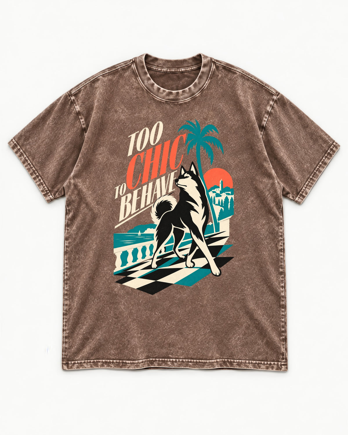 Husky Too Chic to Behave Riviera Graphic Washed Tee in Coffee, flat lay product photo