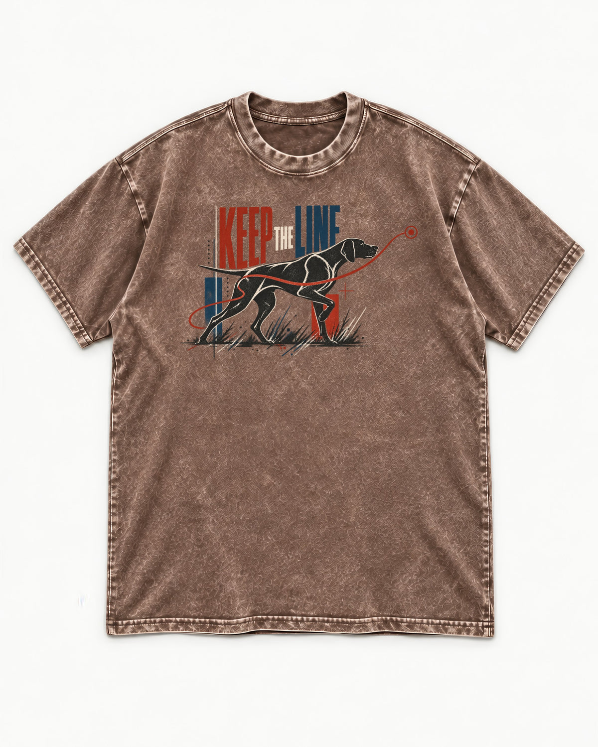 Keep the Line German Shorthaired Pointer Washed Tee in Coffee, flat lay product photo