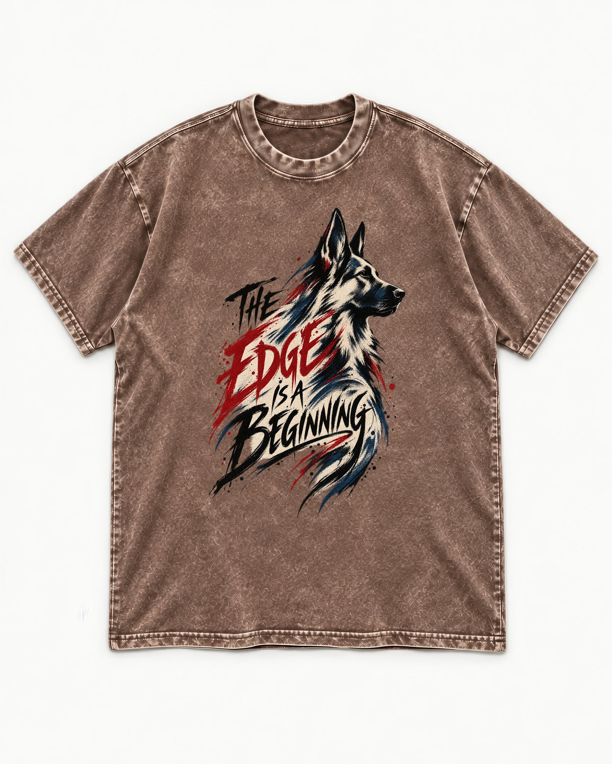Edge Is a Beginning German Shepherd Dog Washed Tee in Coffee, flat lay product photo