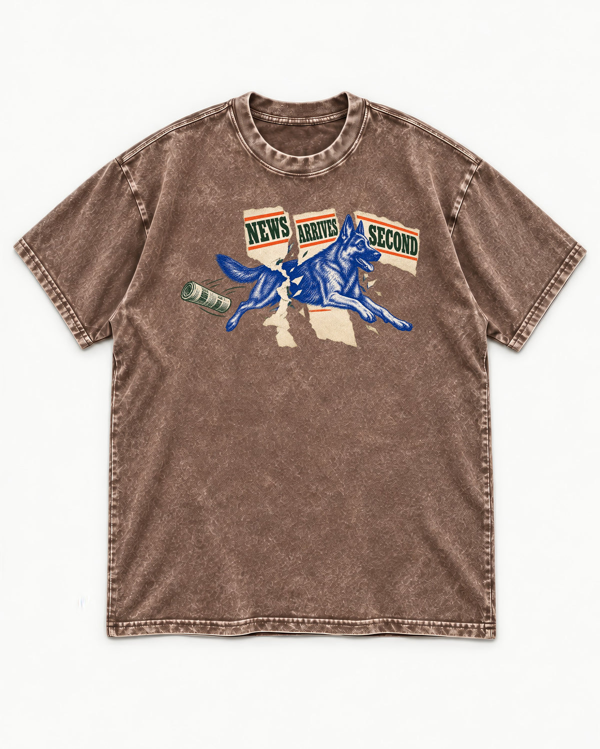 News Arrives Second German Shepherd Dog Washed Tee in Coffee, flat lay product photo