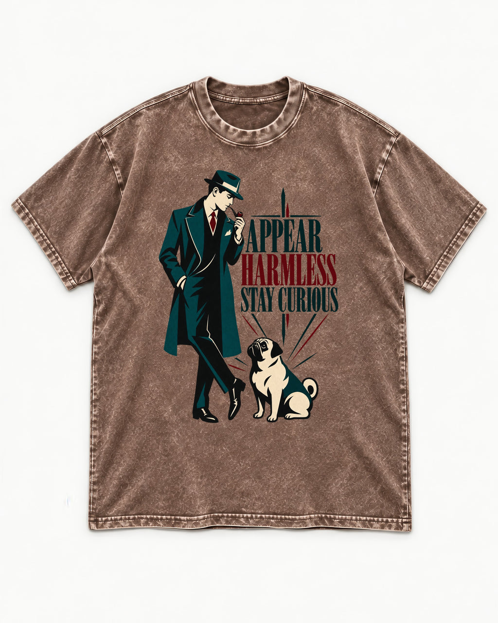 Pug Appear Harmless Stay Curious Washed Tee in Coffee, flat lay product photo