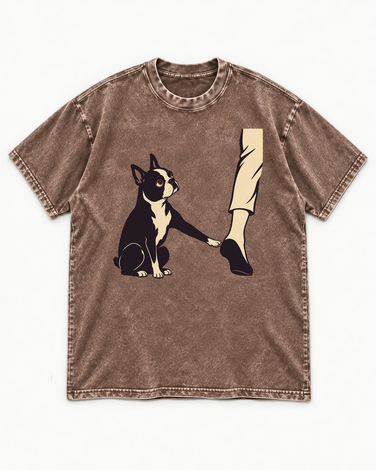Boston Terrier Stay with Me Washed Tee in Coffee, flat lay product photo
