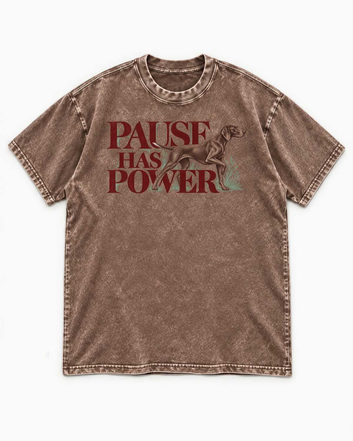 Pause Has Power German Shorthaired Pointer Washed Tee in Coffee, flat lay product photo