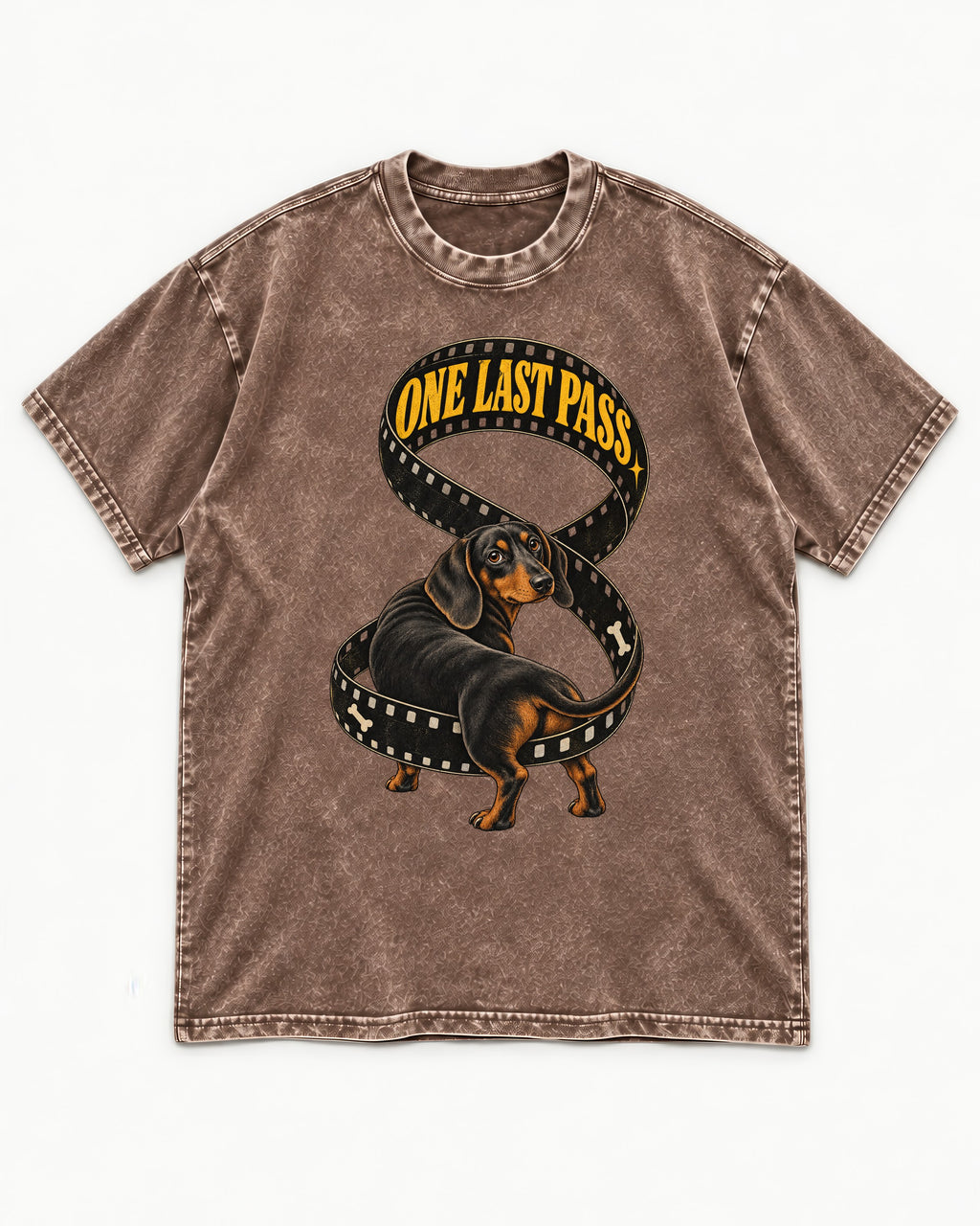 Dachshund's One Last Pass Washed Tee in Coffee, flat lay product photo