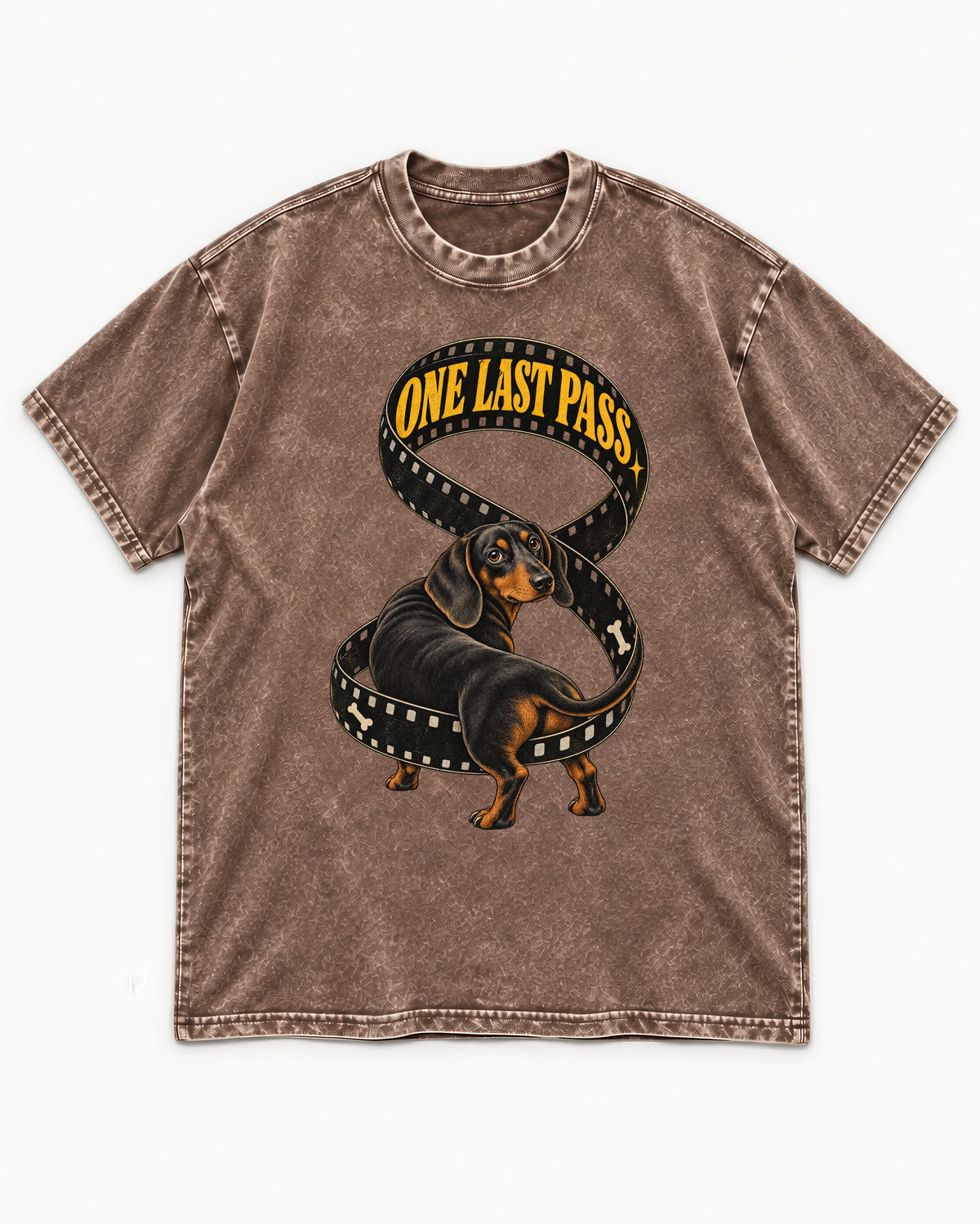 Dachshund's One Last Pass Washed Tee in Coffee, flat lay product photo