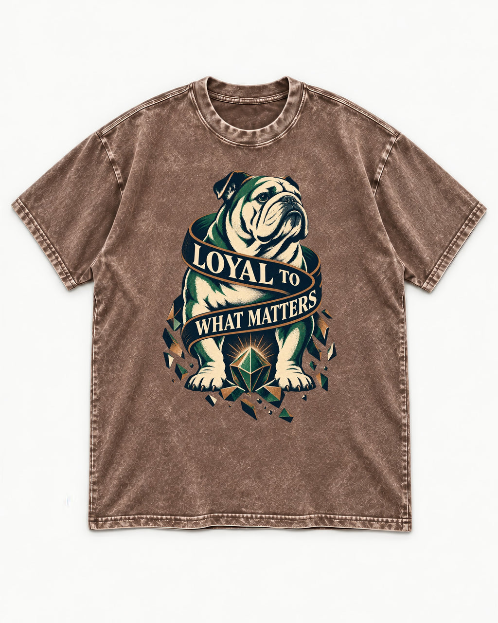 Loyal to What Matters English Bulldog Washed Tee in Coffee, flat lay product photo