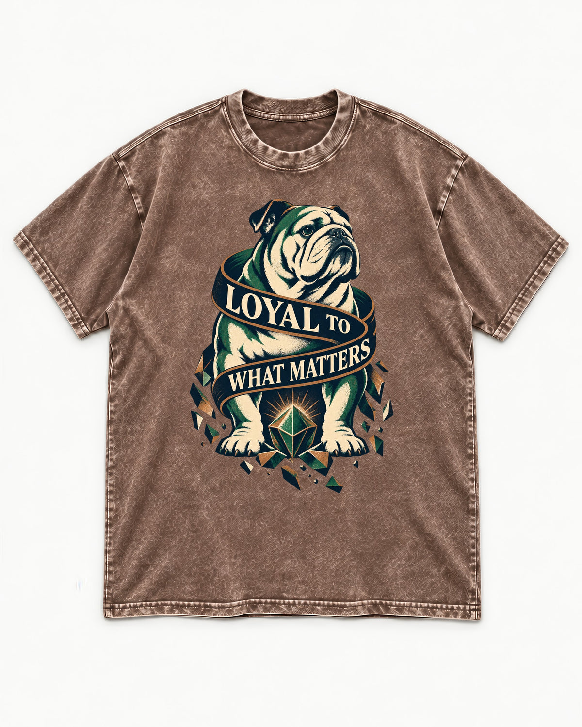 Loyal to What Matters English Bulldog Washed Tee in Coffee, flat lay product photo