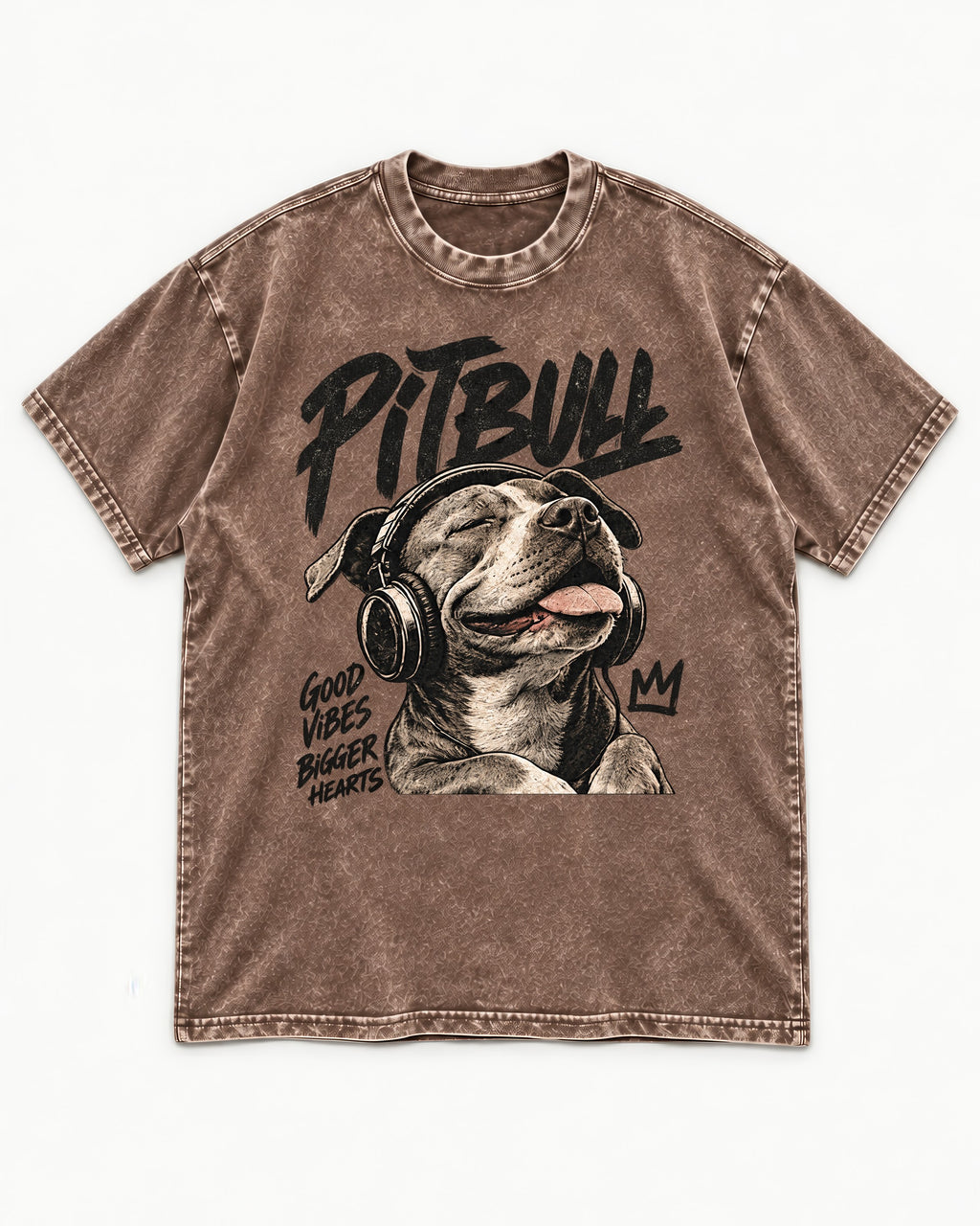 Pitbull Good Vibes Bigger Hearts Washed Tee in Coffee, flat lay product photo