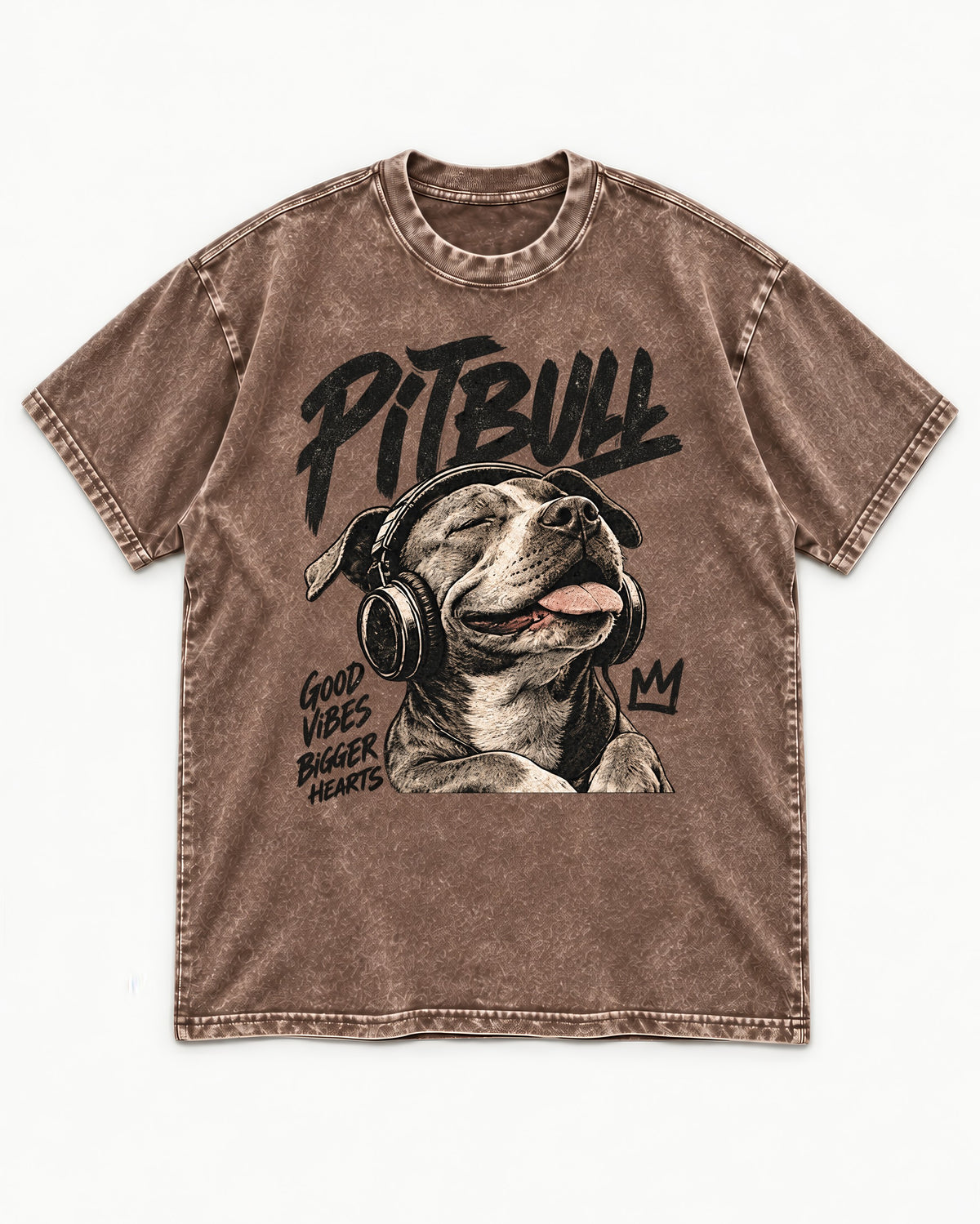 Pitbull Good Vibes Bigger Hearts Washed Tee in Coffee, flat lay product photo