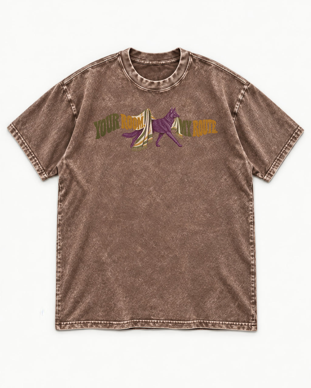 Your Room My Route German Shepherd Dog Washed Tee in Coffee, flat lay product photo