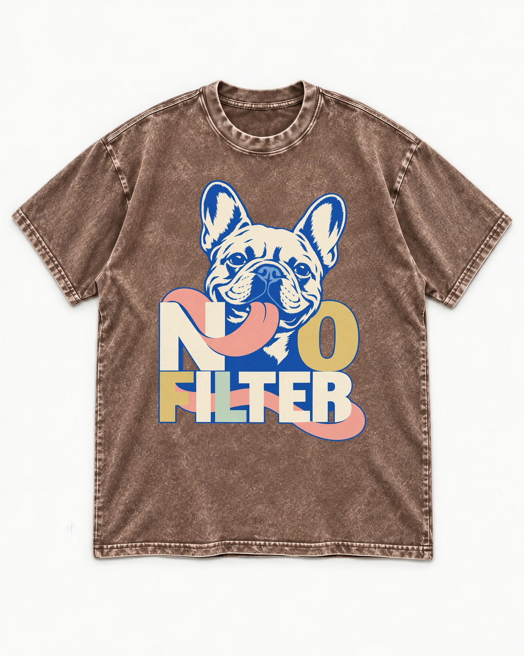 No Filter Frenchie Washed Tee in Coffee, flat lay product photo
