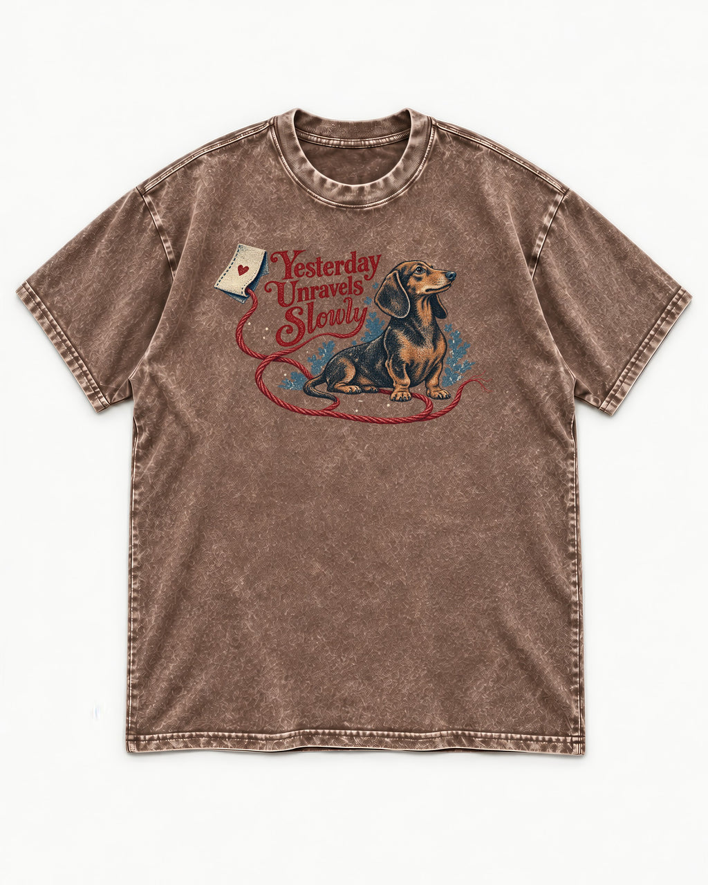 Yesterday Unravels Slowly with Dachshund Washed Tee in Coffee, flat lay product photo