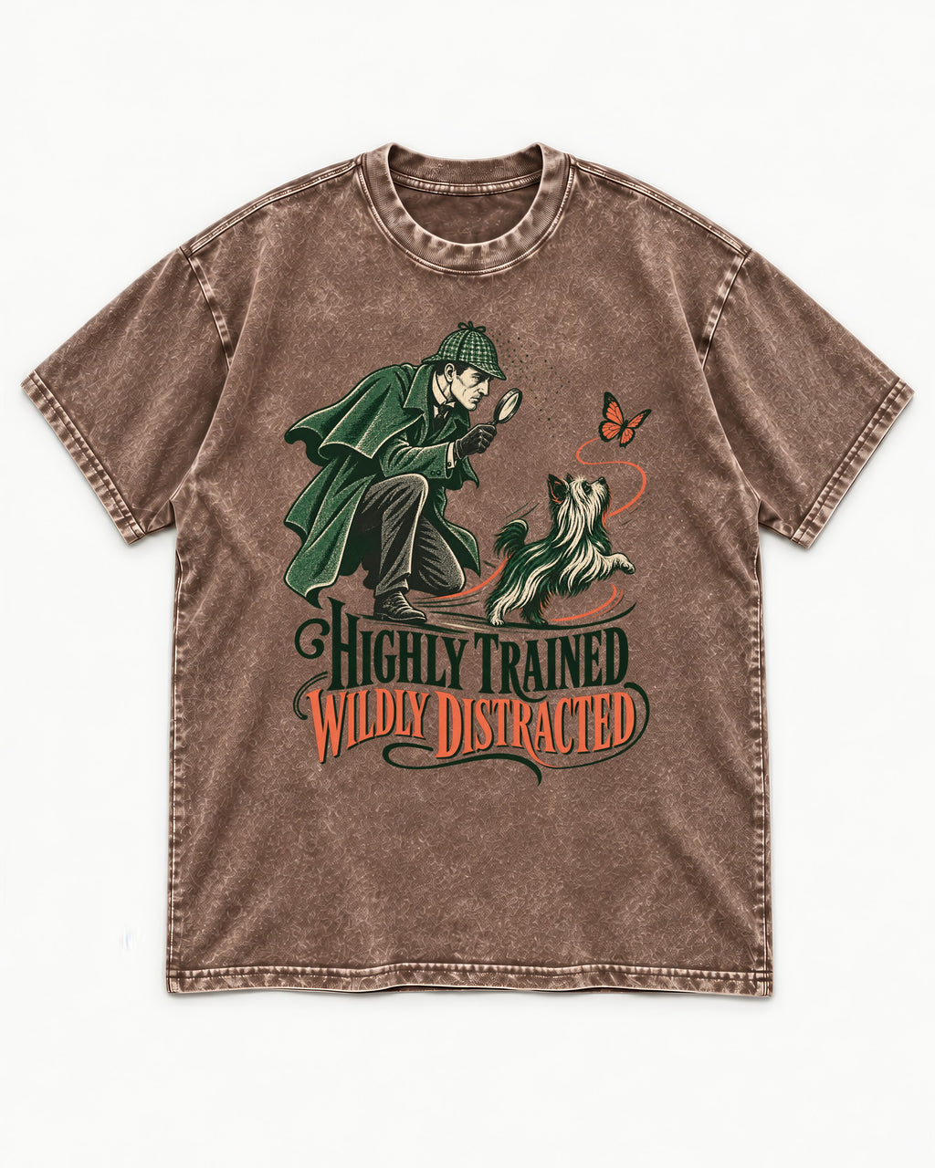 Highly Trained Wildly Distracted Yorkshire Terrier Washed Tee in Coffee, flat lay product photo
