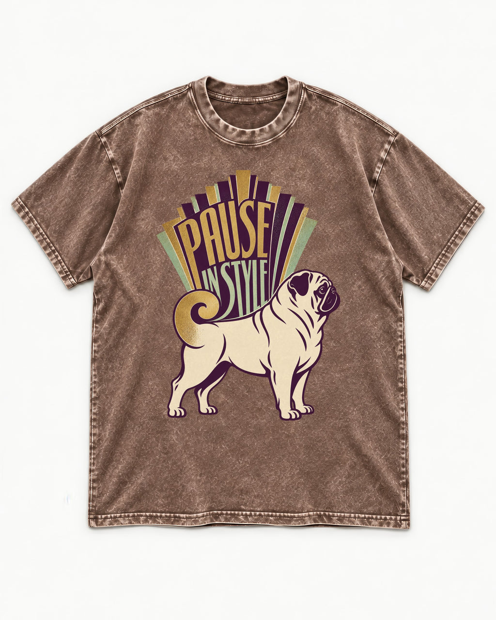 Pug Pause Washed Tee in Coffee, flat lay product photo