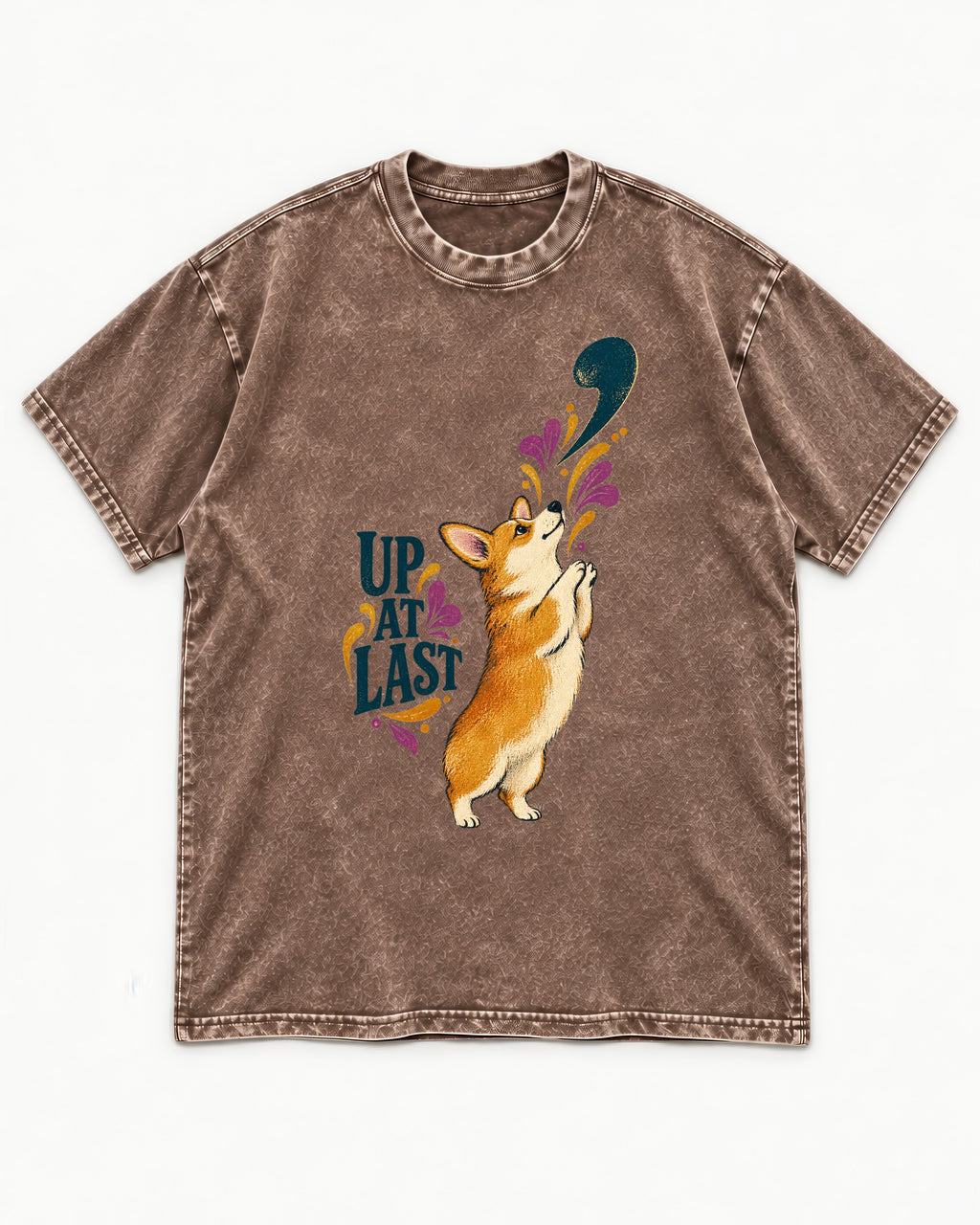 Corgi Up at Last Washed Tee in Coffee, flat lay product photo
