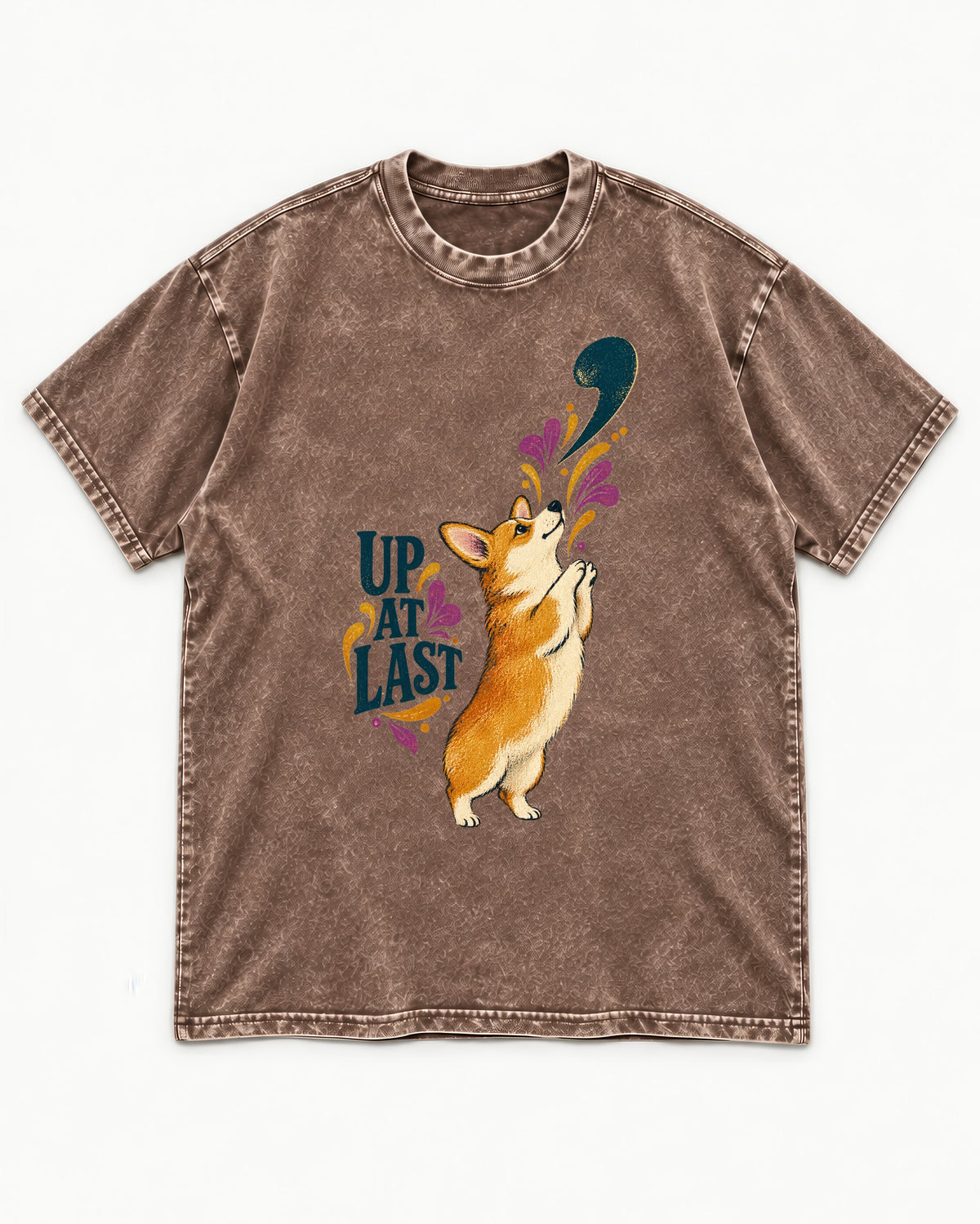 Corgi Up at Last Washed Tee in Coffee, flat lay product photo
