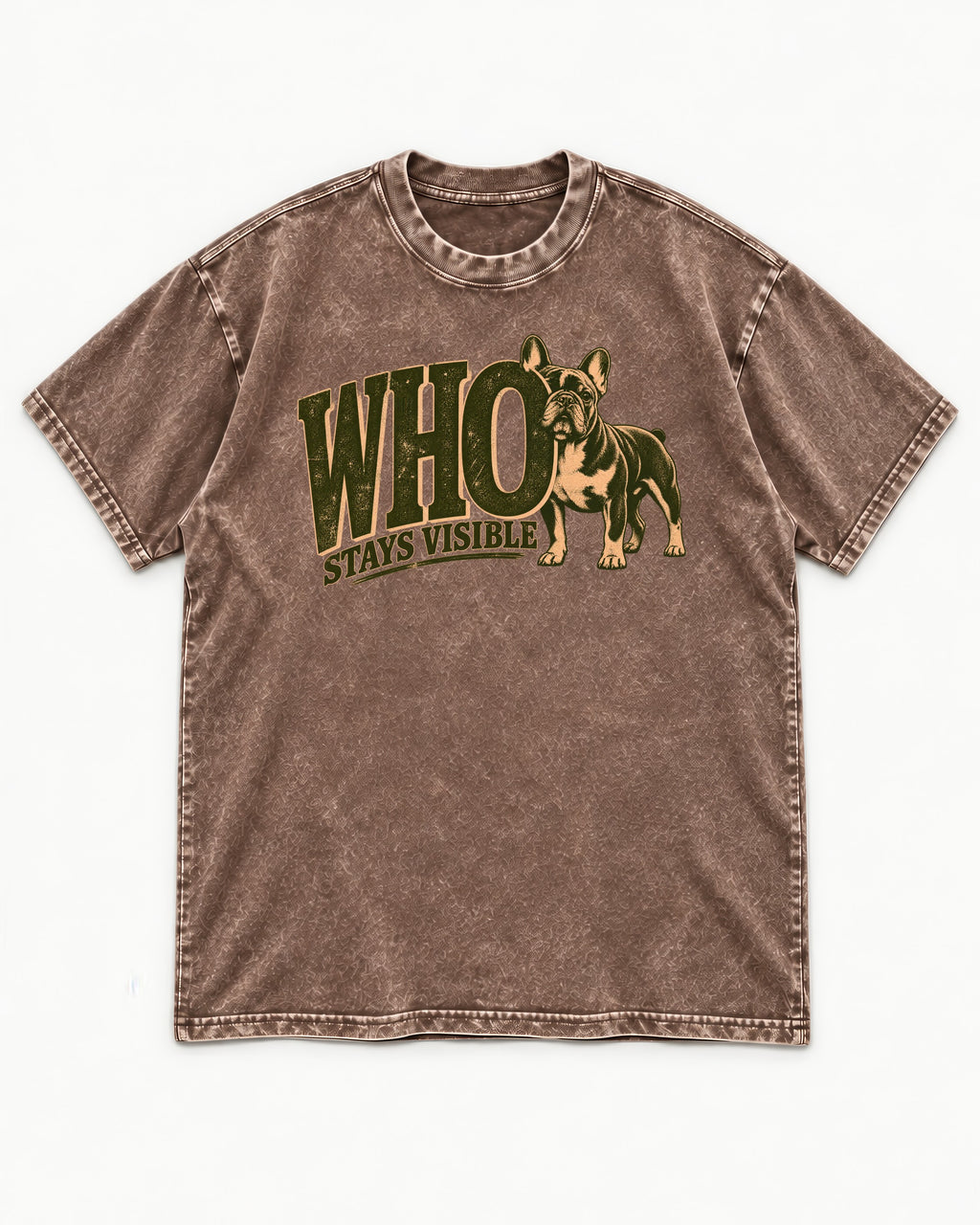 Frenchie Stays Visible Washed Tee in Coffee, flat lay product photo