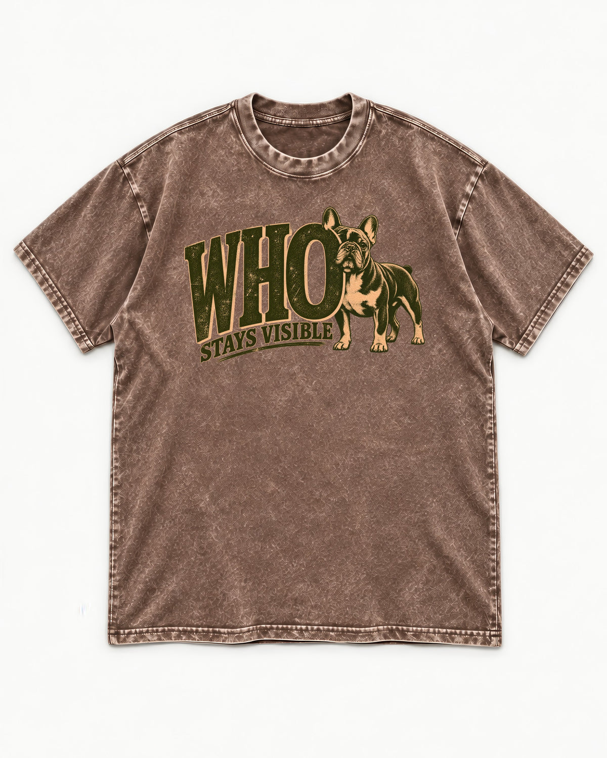 Frenchie Stays Visible Washed Tee in Coffee, flat lay product photo