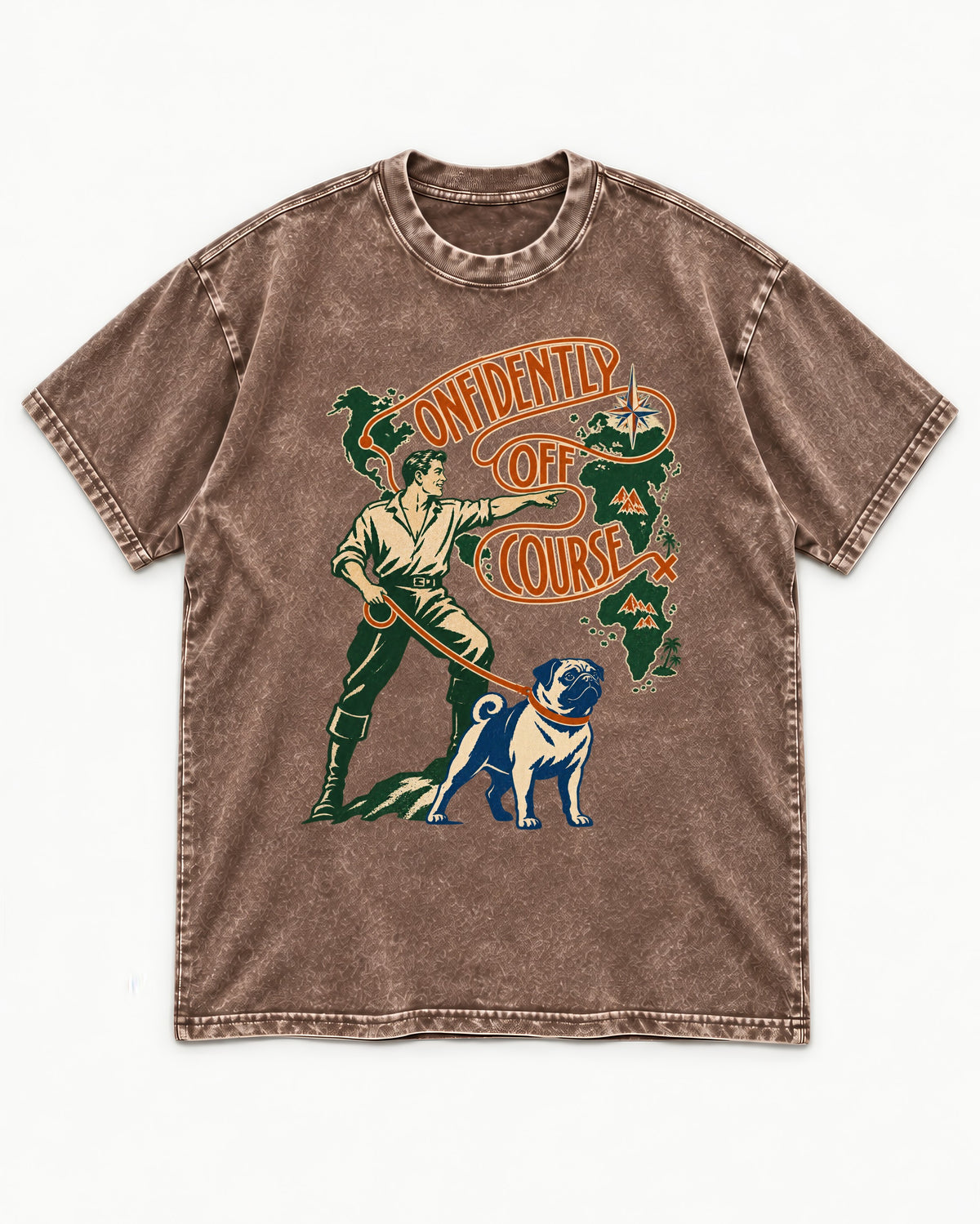 Pug Confidently Off Course Washed Tee in Coffee, flat lay product photo