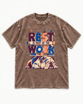 Rest Is Work English Bulldog Washed Tee in Coffee, flat lay product photo