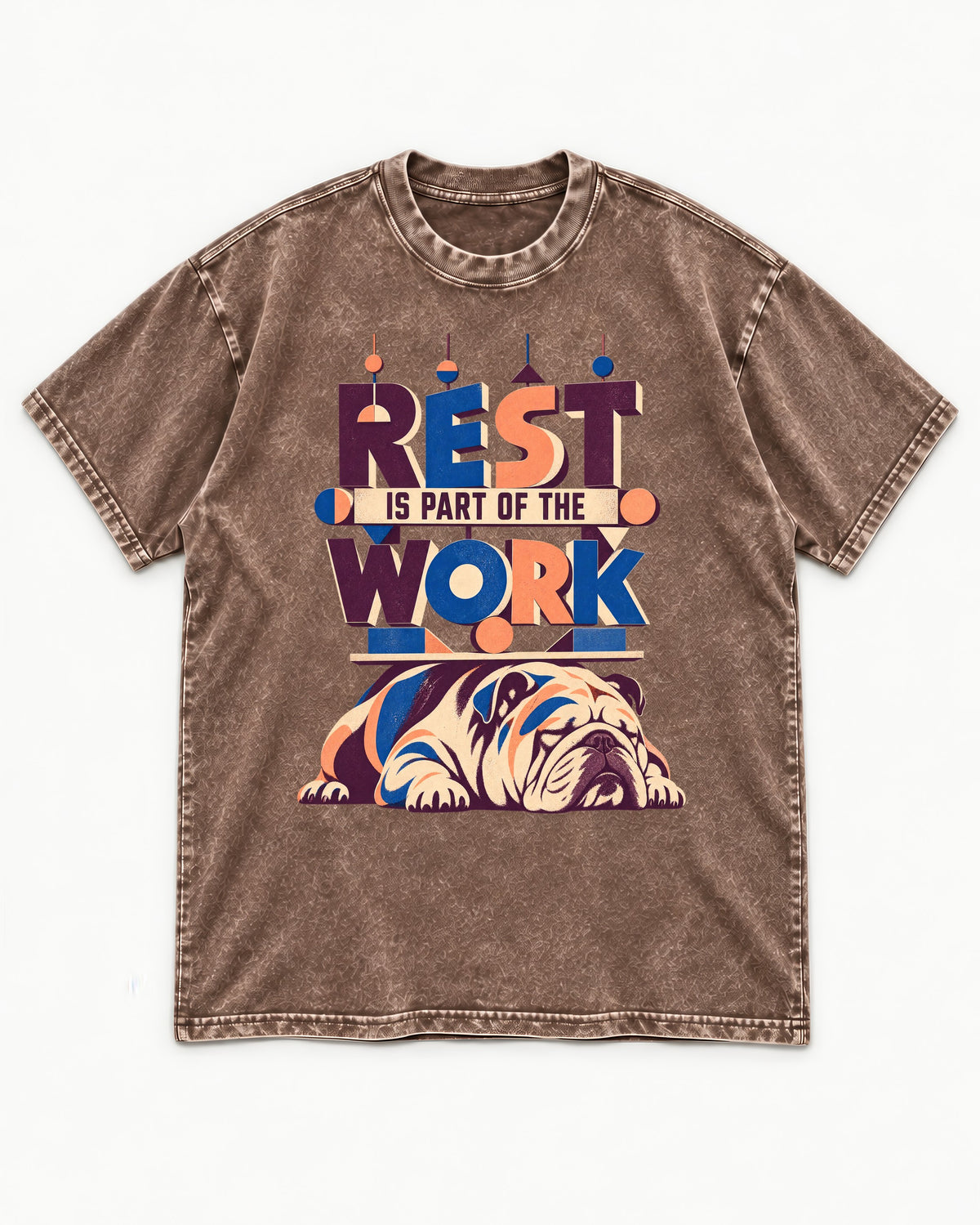 Rest Is Work English Bulldog Washed Tee in Coffee, flat lay product photo