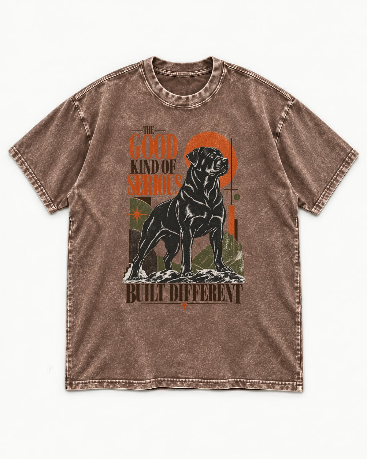 Rottweiler Built Different Washed Tee in Coffee, flat lay product photo