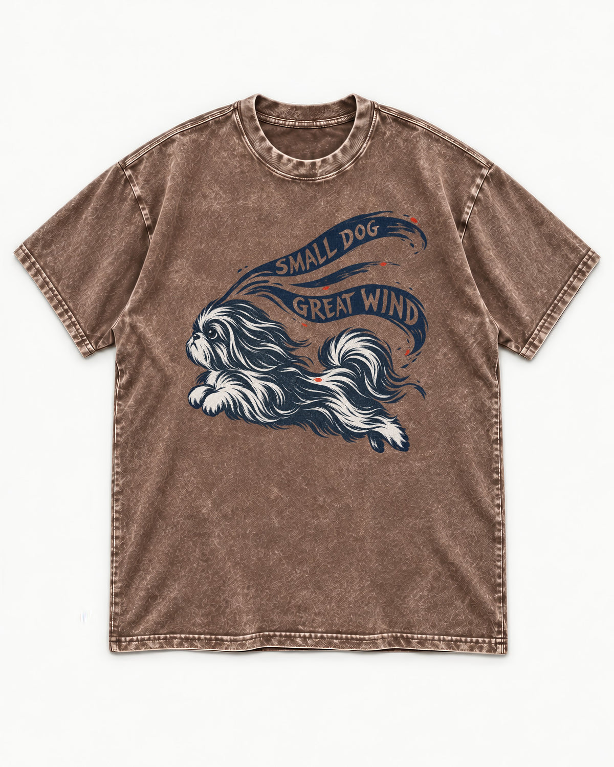 Small Shih Tzu Great Wind Washed Tee in Coffee, flat lay product photo