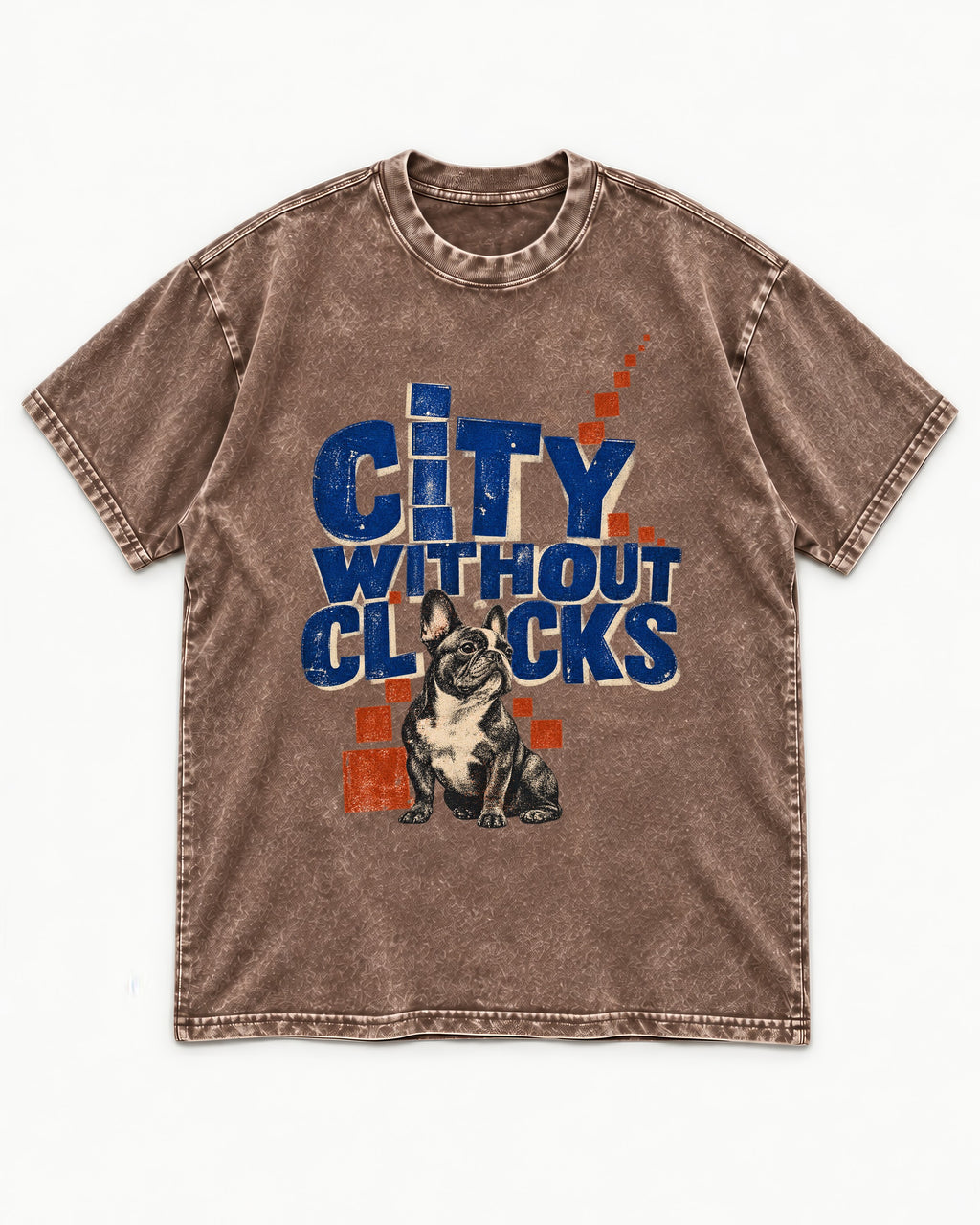 Frenchie's City Without Clocks Washed Tee in Coffee, flat lay product photo
