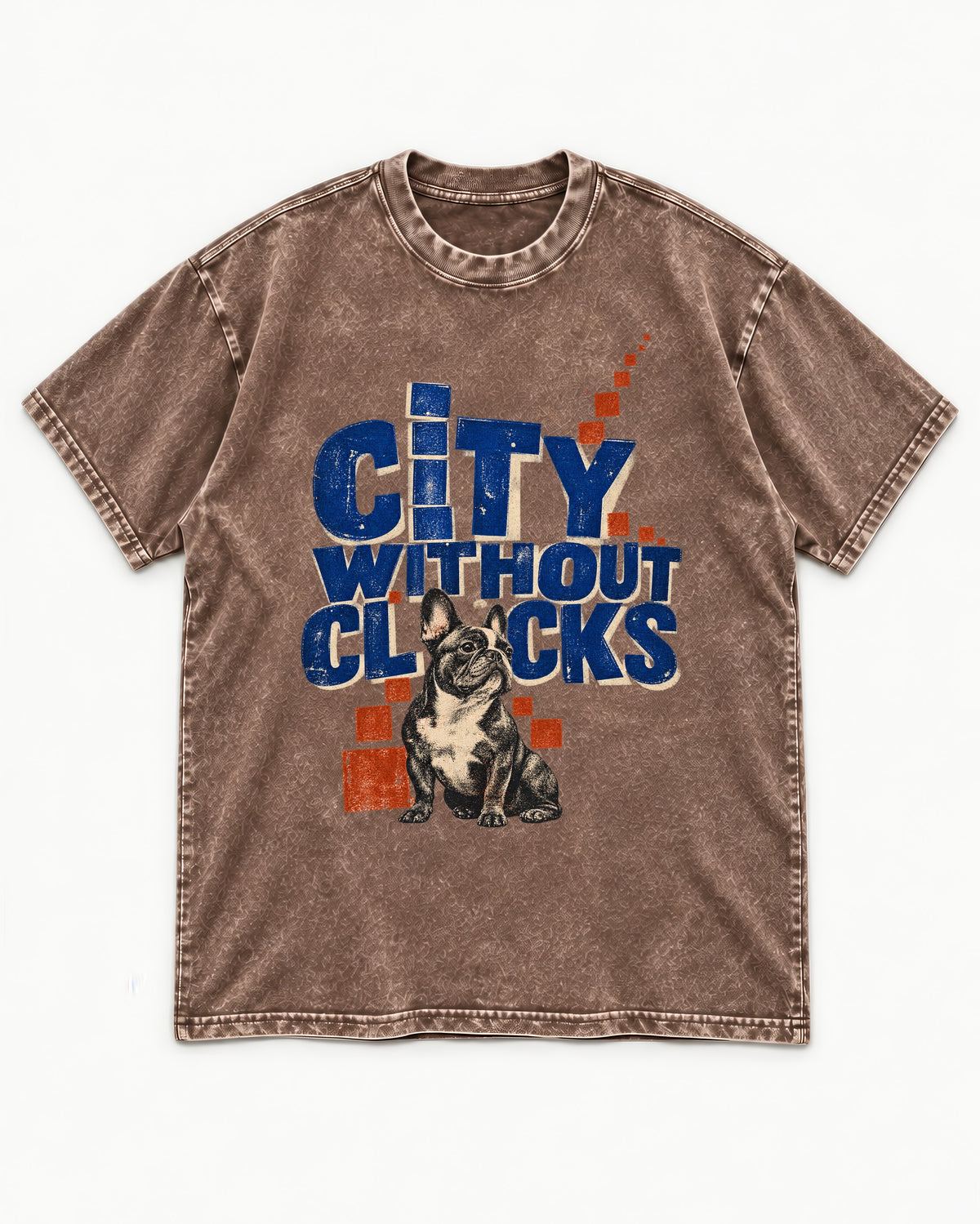 Frenchie's City Without Clocks Washed Tee in Coffee, flat lay product photo