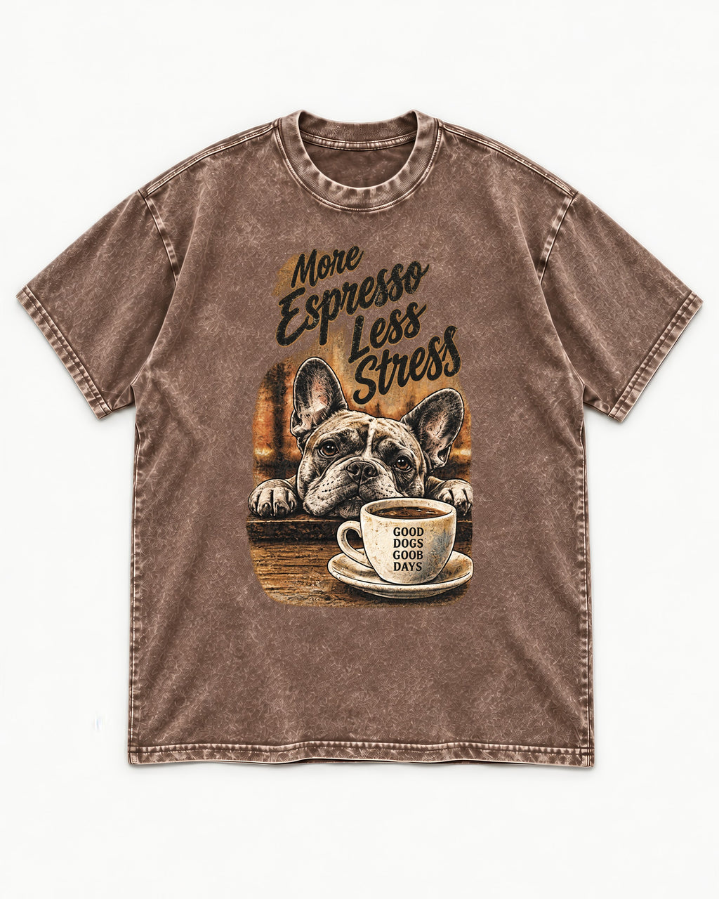 Frenchie More Espresso Less Stress Washed Tee in Coffee, flat lay product photo