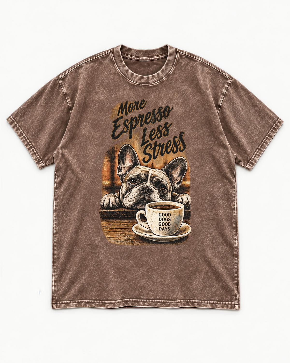 Frenchie More Espresso Less Stress Washed Tee in Coffee, flat lay product photo